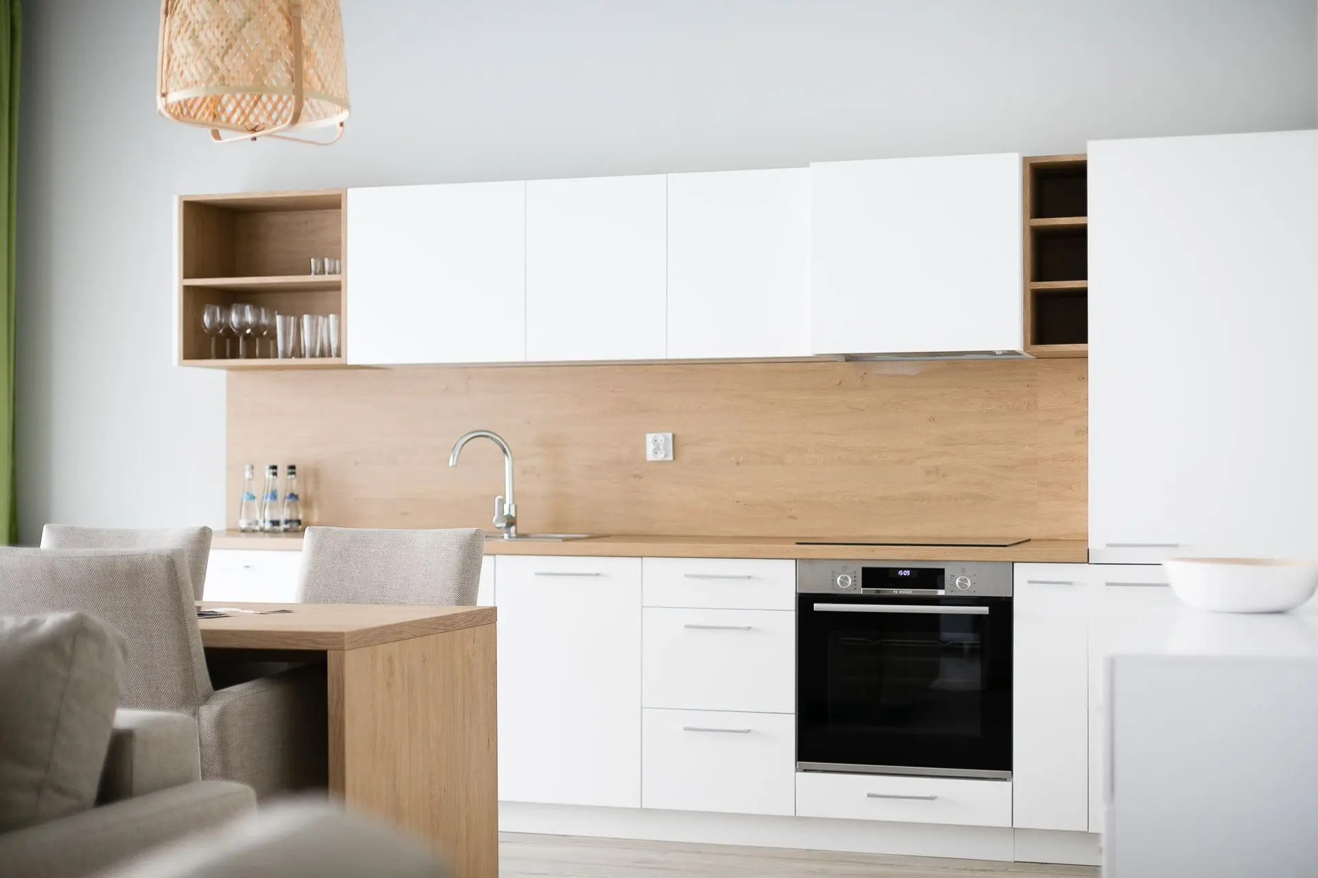 white kitchen wood dining room