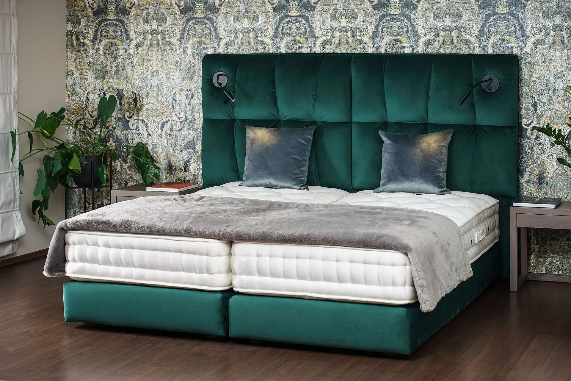 green upholstered double bed